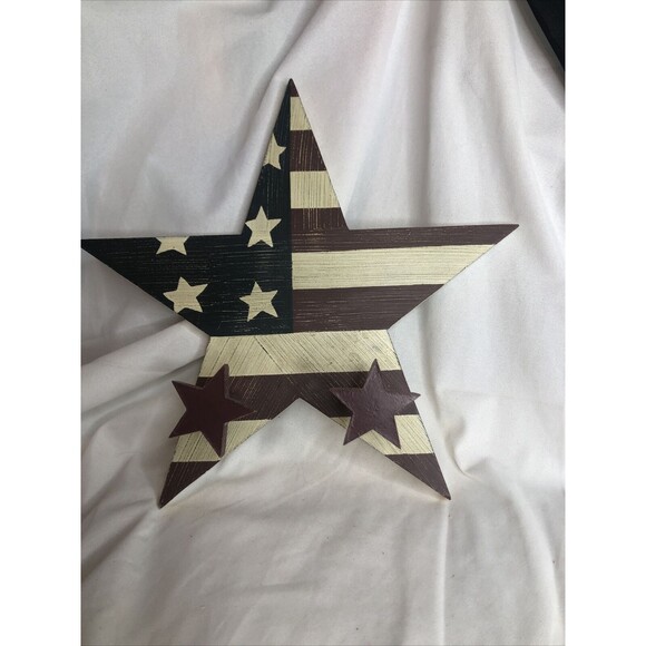 Rustic WOOD FIVE POINT STAR WALL HANGING STARS AND STRIPES W/Hooks NICE!! - Picture 1 of 12
